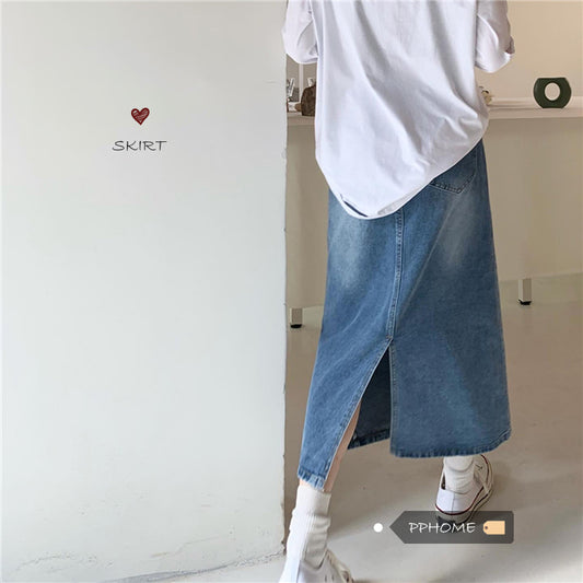 PP HOME Retro Small Charm SKIRT ~ Korean vintage  Girlhood Whiten Wash water blue Split cowboy skirt