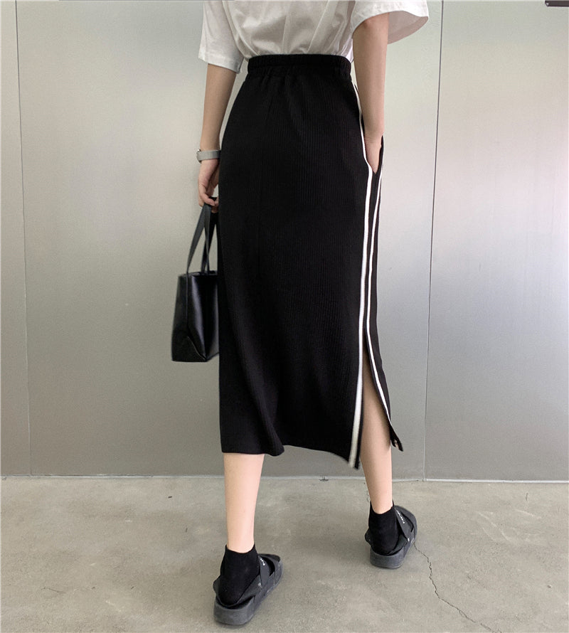 Split skirt female summer 2021 new pattern Korean fashion stripe skirt Medium and long term Show thin High waist skirt