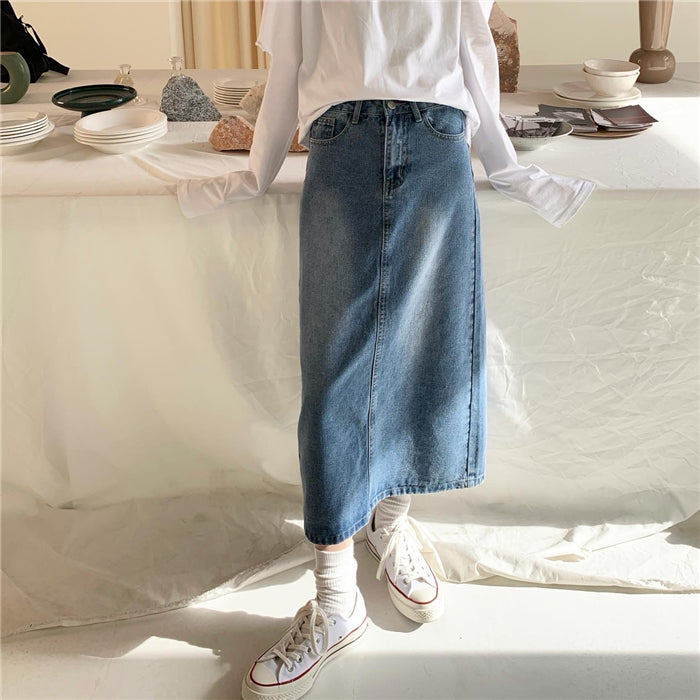 PP HOME Retro Small Charm SKIRT ~ Korean vintage  Girlhood Whiten Wash water blue Split cowboy skirt