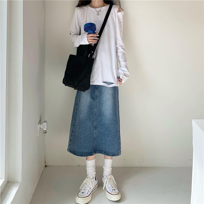 PP HOME Retro Small Charm SKIRT ~ Korean vintage  Girlhood Whiten Wash water blue Split cowboy skirt