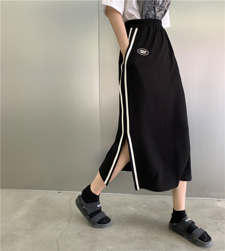 Split skirt female summer 2021 new pattern Korean fashion stripe skirt Medium and long term Show thin High waist skirt