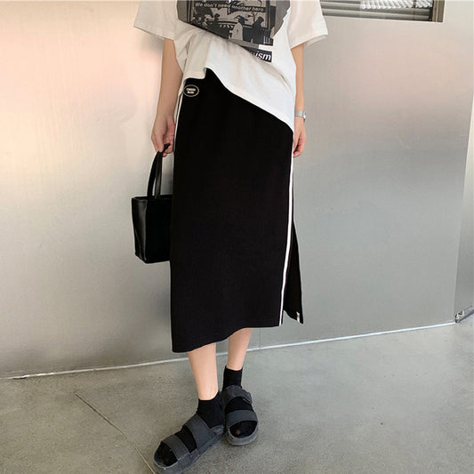 Split skirt female summer 2021 new pattern Korean fashion stripe skirt Medium and long term Show thin High waist skirt