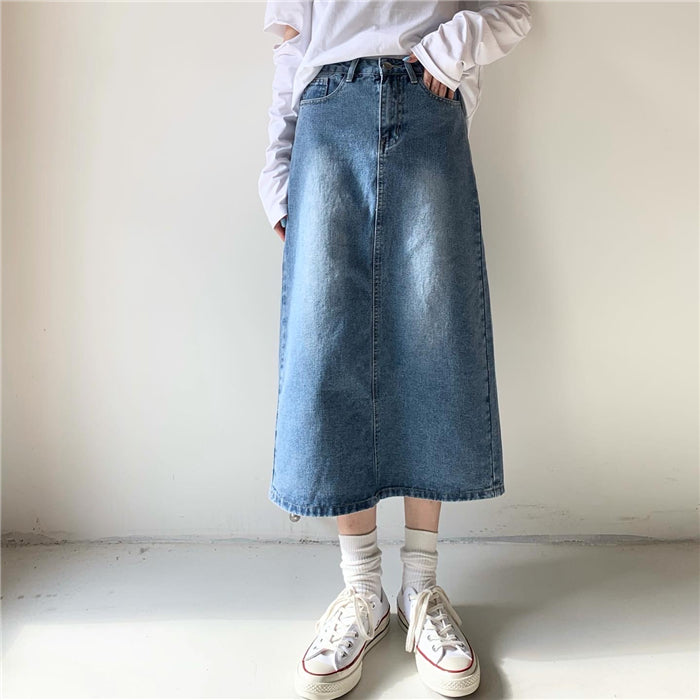 PP HOME Retro Small Charm SKIRT ~ Korean vintage  Girlhood Whiten Wash water blue Split cowboy skirt