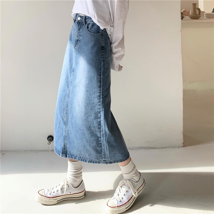 PP HOME Retro Small Charm SKIRT ~ Korean vintage  Girlhood Whiten Wash water blue Split cowboy skirt