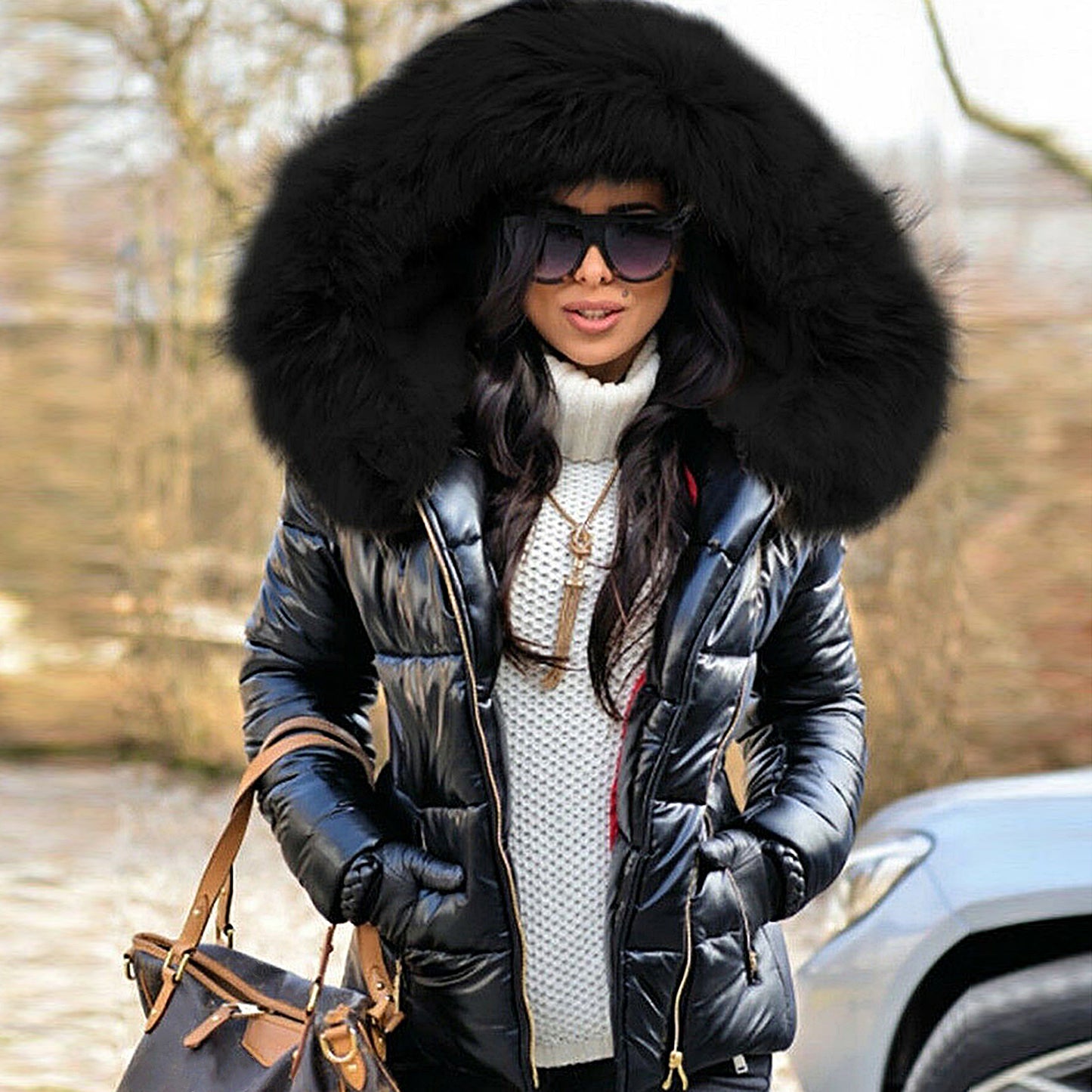 Plus   Size   Women   Autumn   Winter   Faux   Fur   Hood   Zipper   Warm