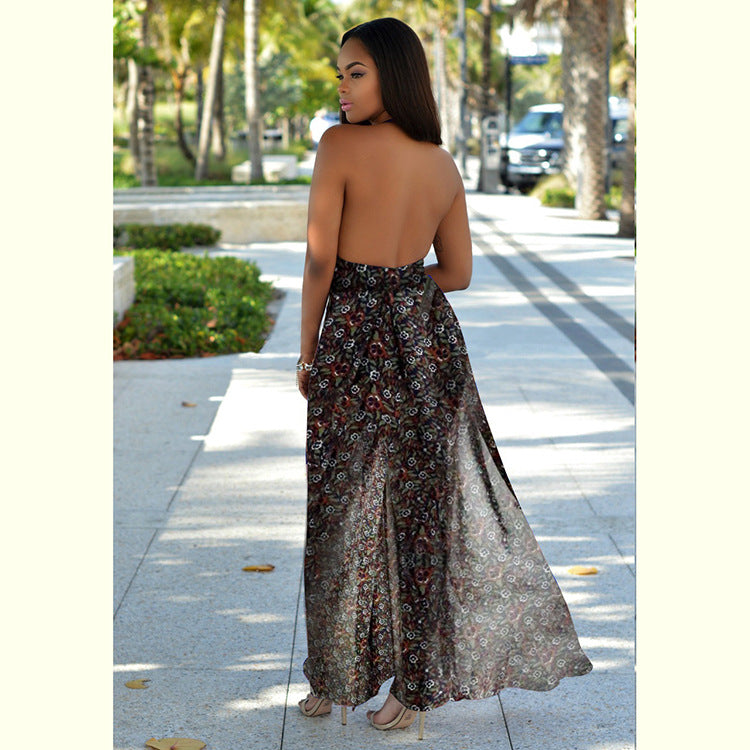 Women   backless   beach   dress   sandy beach Holiday style Chiffon Retro backless printing Dress