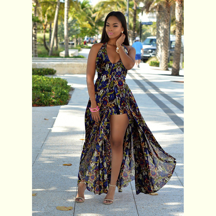 Women   backless   beach   dress   sandy beach Holiday style Chiffon Retro backless printing Dress